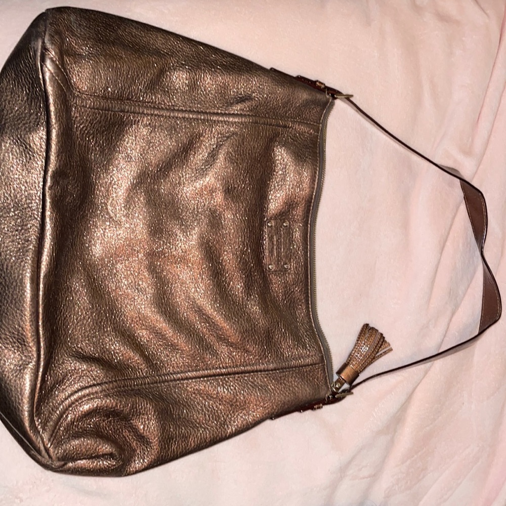 Kate Spade metallic bronze leather bag with black and white polka dot interior